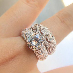 NEW Sterling Silver Solitaire Diamond 2PC Ring Set